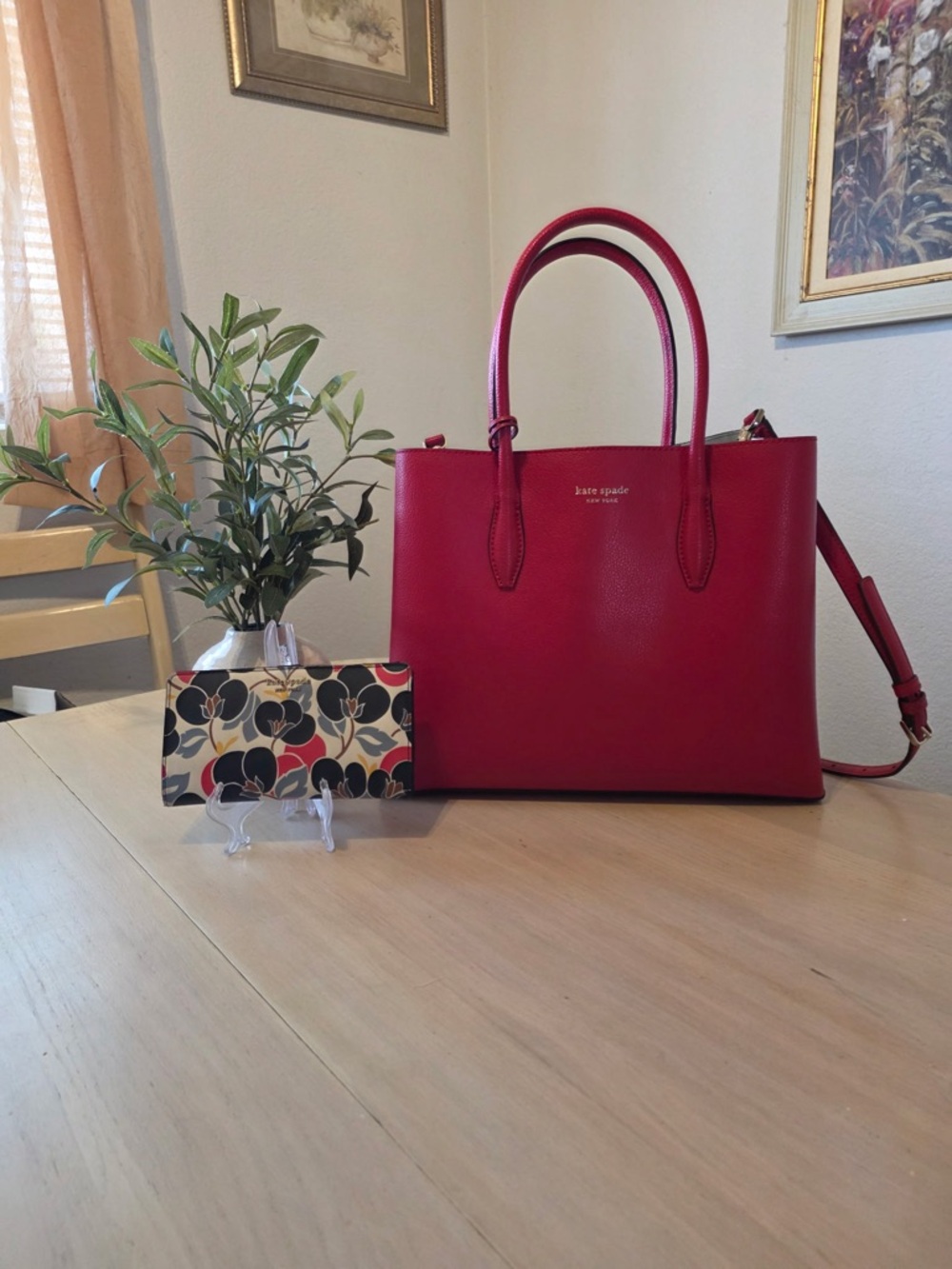 Kate Spade Red Leather Tote + Matching floral wallet bundle